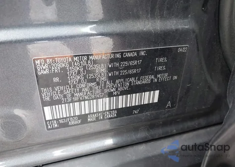 2022 Toyota Rav4 Le из США, поврежденный, VIN 2T3F1RFV7NC281457